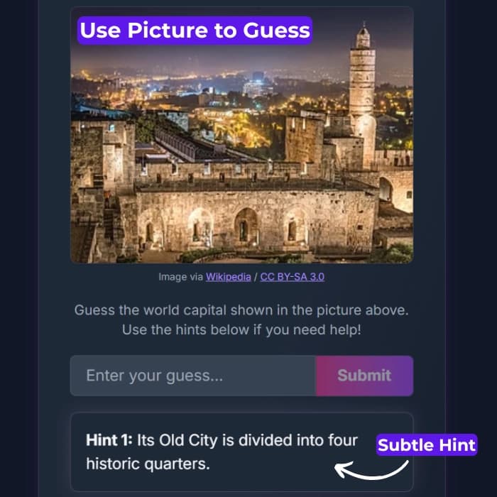 Typing a guess and using suggestions in HintLadder.