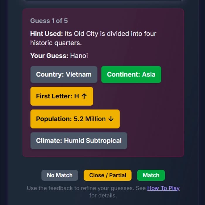 Attribute feedback boxes shown after a guess in HintLadder.